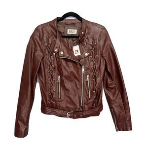 NWT BKE Full Zip Faux Leather Y2K Jacket, Retro Moto Chocolate Brown ~Small